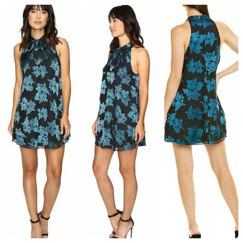 Lovers & Friends Blue Dress Jade Blossom Burnout Floral Black Mini NEW XS